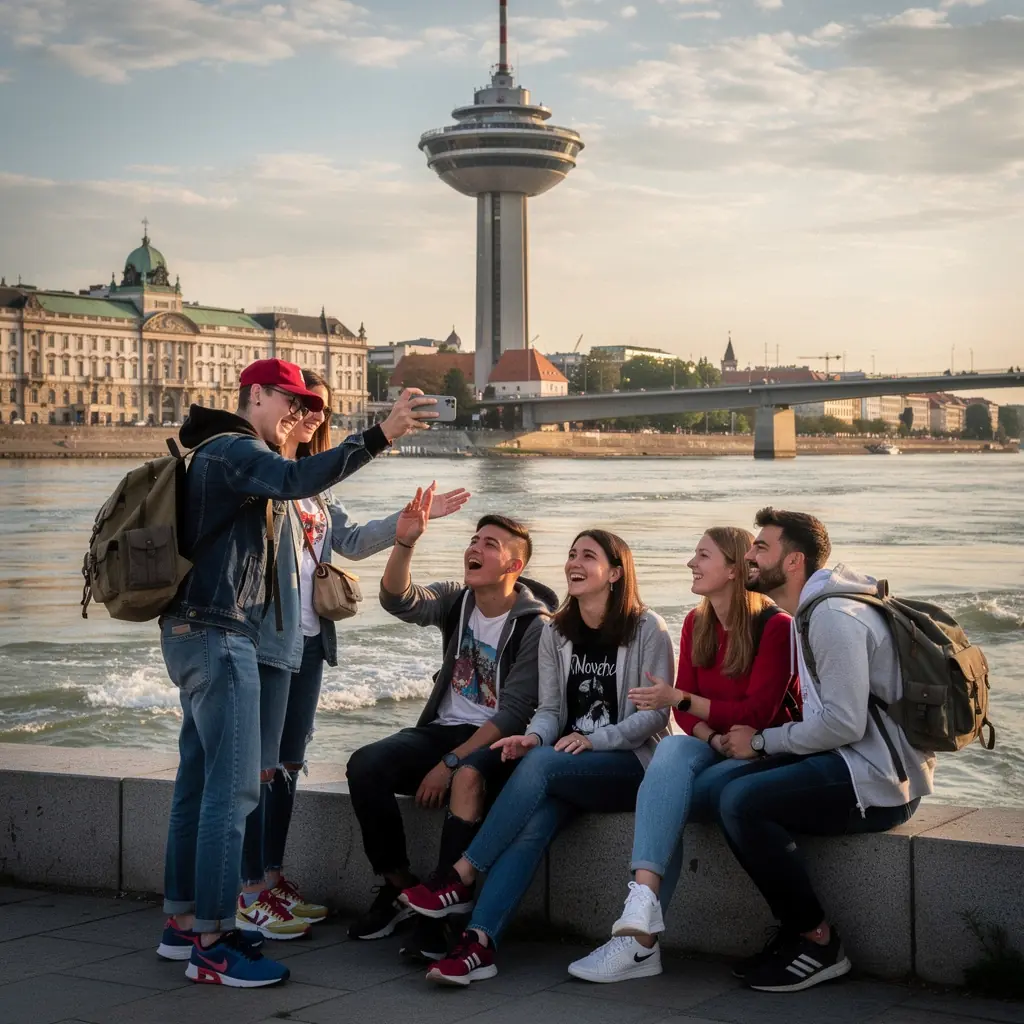 A sunset reflection on the Danube River highlighting the beauty of the city skyline and bridges.